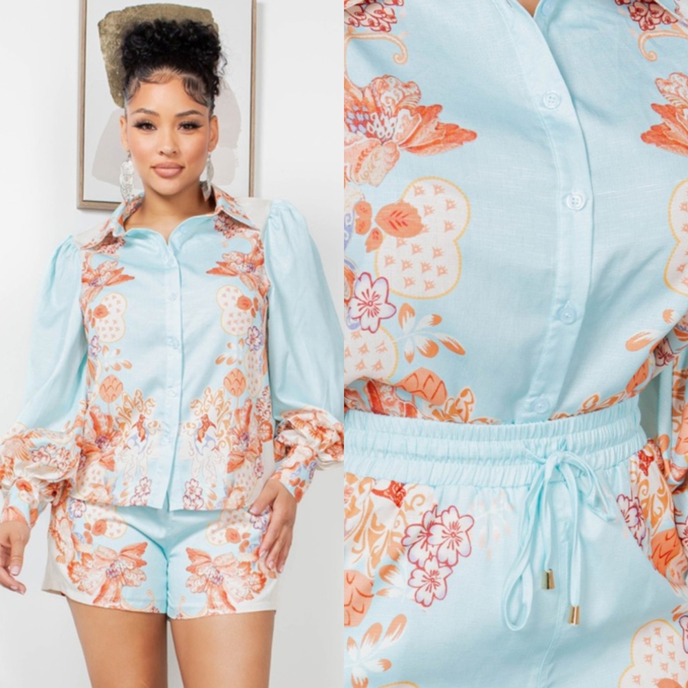 Floral Print Women's Shorts Set - Blue and Orange